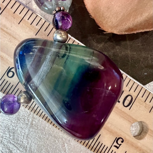 Natural Fluorite 925 Sterling silver Necklace. Large Tri-color Fluorite Pendant - Picture 10 of 15